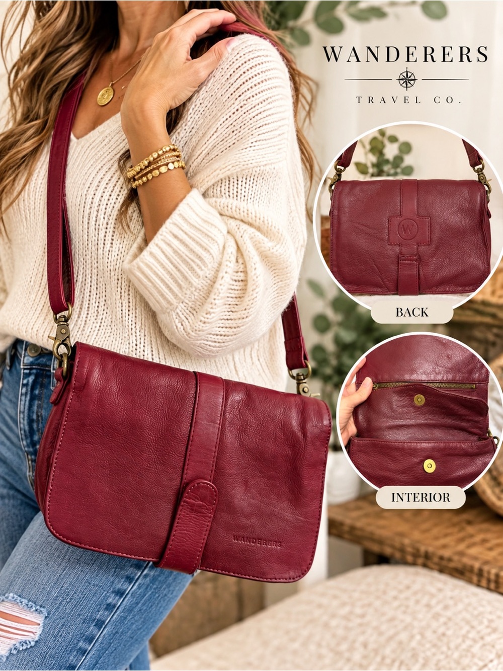 Wanderers Travel Co Burgundy Leather Crossbody Bag Full Grain Boho Purse